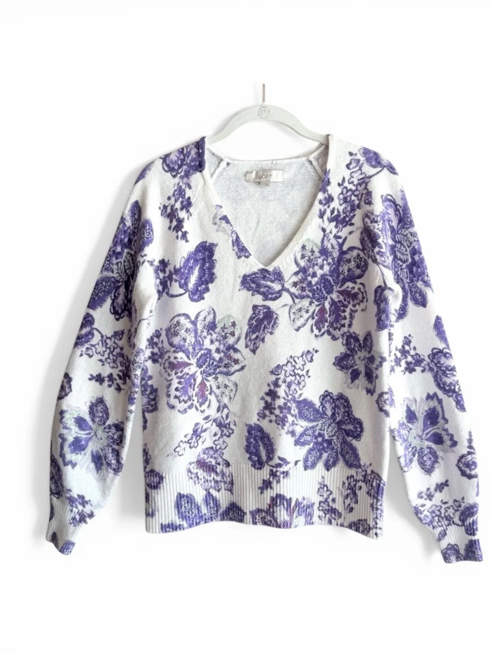LOFT Floral V-Neck Sweater Purple Off-White Cotton Blend Long Sleeve Women’s Sm